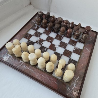 Marmor Schachspiel Steinbrett 10'' komplett Vintage schwer dekorativ Luxus Holzverkleidung