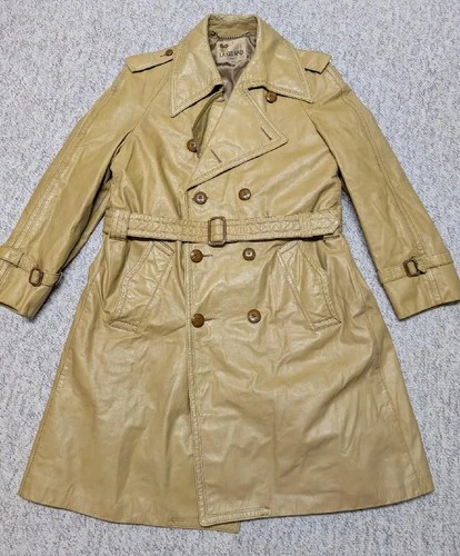 vintage USA made TRENCH COAT leather L double breasted SHERLOCK belted 44-46 - product listing photo