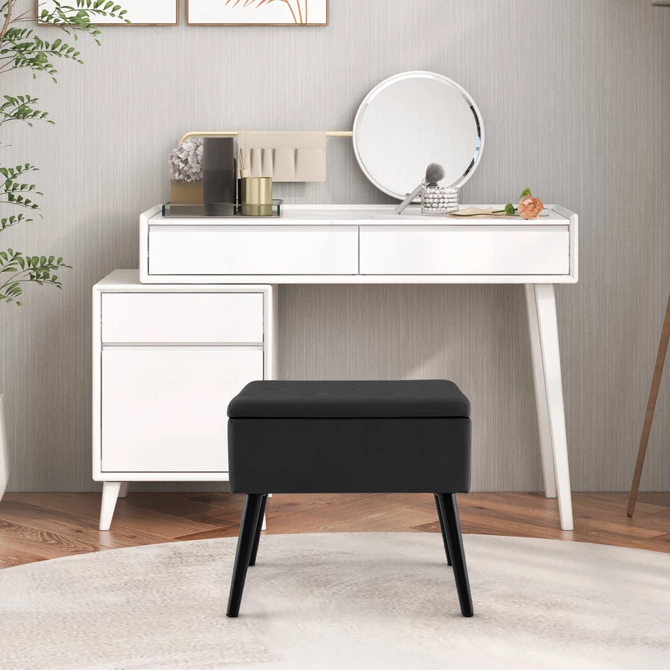 Velvet Vanity Stool Ottoman w/ Storage Solid Wood Legs Flip-Up Top for Entryway - Image 3 of 4