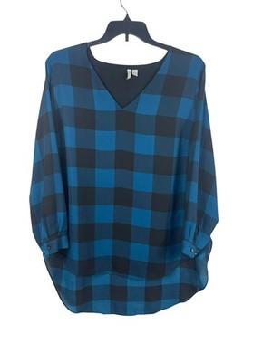 Cato Womens Plus Size 18/20W Blue Black Buffalo Plaid Top VNeck Sheer High Low