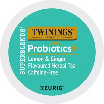 TWININGS PROBIOTICS SUPERBLENDS LEMON AND GINGER FLAVOURED HERBAL TEA KCUPS 24CT