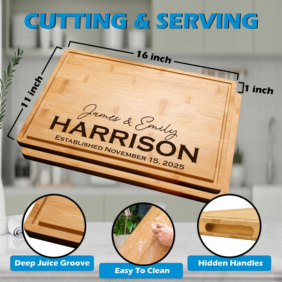 Tabla de cortar de bambú grabada personalizada bandeja de charcutería nombre de pareja Foto 2 de 4