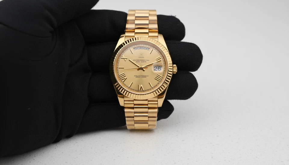 Reloj Hombre Oro Día Fecha Cuarzo 40mm" Lujo Estilo Presidente Pulsera Nuevo Foto 3 de 4