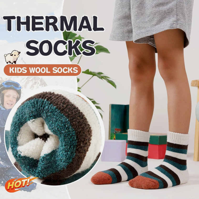 6 Pairs Kids Merino Wool Socks Boys Girls Thermal Winter Hiking Cozy Toddler