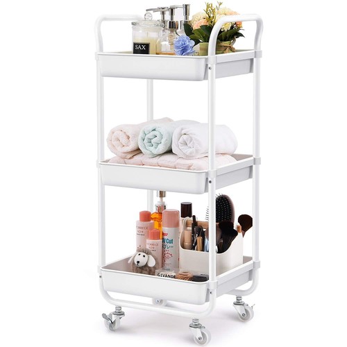 3-Tier Storage Rolling Cart, Kitchen Utility Cart with Wheels, Plastic Organi...