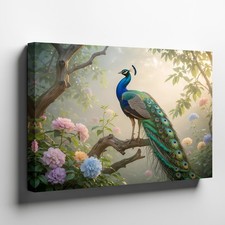 Elegant Peacock Canvas Art with Vibrant Flowers and Soft Light Nature Scene