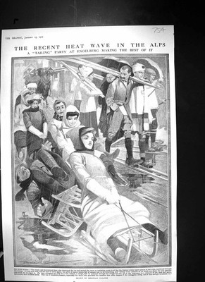 Alter Druck 1910 Alpen Berge Rodeln Tailing Party Engelberg Rodel 20.