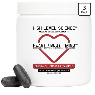 3 Pack High Level Science Omega-3 CoQ10 Vitamin E Heart Body Mind Health