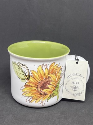 New Heartland Hive Ceramic Sunflower Coffee Mug Green Inside 16 oz.