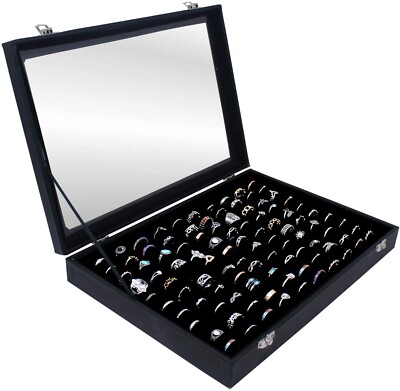 Black Ring Organizer Tray 100 Slots Ring Holder with Clear Lid Ring Store Box