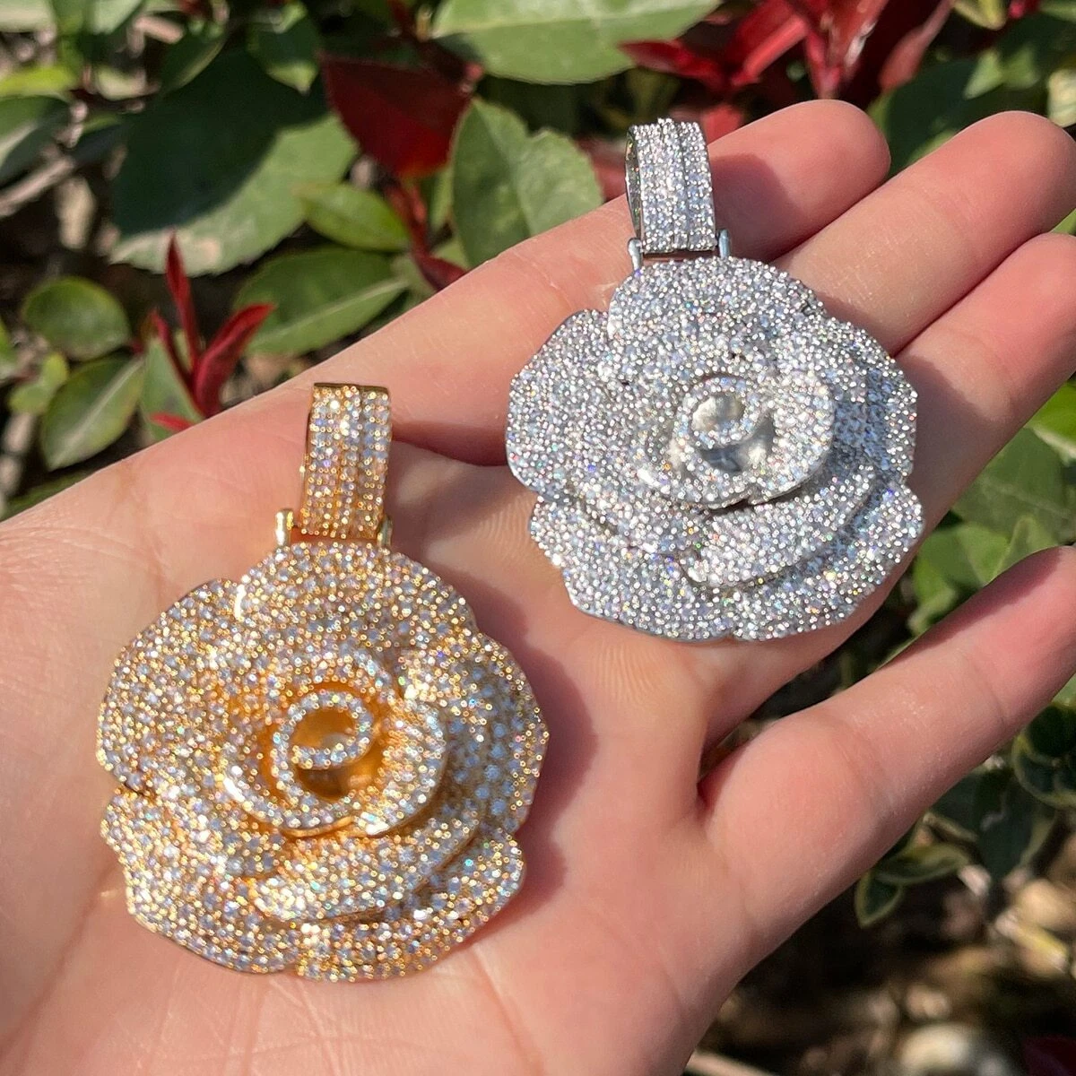 3AAA+ CZ Full Ice Out Hop Hip Rose Flower Pendant Chain Real Gold