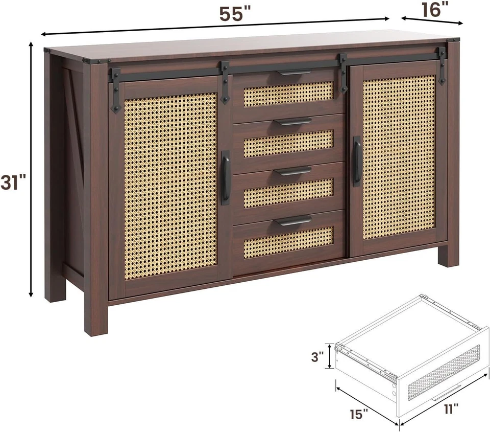 Фермерский сервант буфетный шкаф, кухонный шкаф из ротанга с местом для хранения и ящиком - Изображение 2 из 4
