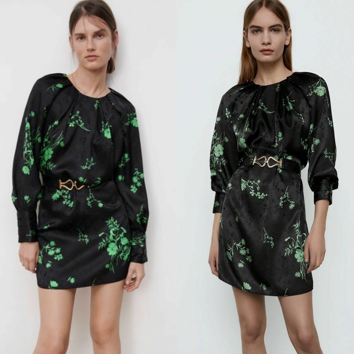 zara green and black dress Zara Long Sleeved Black and Green Belted Jacquard Dress Size XS NWT Blogger  Fave