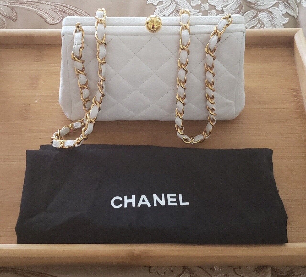 Authentic Chanel Vintage Frame Bag White Caviar With Gold ~ RARE