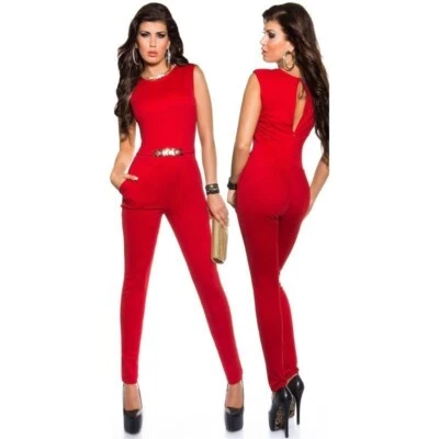 Eleganter ärmelloser Overall Jumpsuit goldene Schnalle Rot #OV153 - Bild 1 von 4