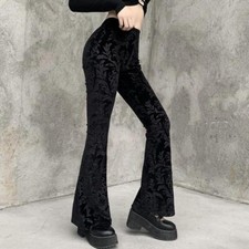 Women Floral Velvet Bell Bottoms Flare Pants Black Gothic Casual Trousers
