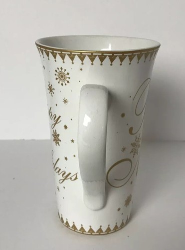 222 Fifth Tall China Mug - Happy Holidays - Snowflakes - White Gold Christmas - Picture 2 of 7