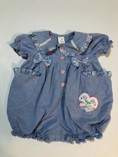 Adorable Vintage Baby Girls Blue Ruffled Romper size 12 Months