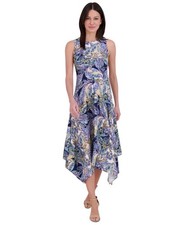 Vince Camuto Printed High-Low-Hem Dress Women's 8 Blue Multicolor Sleeveless