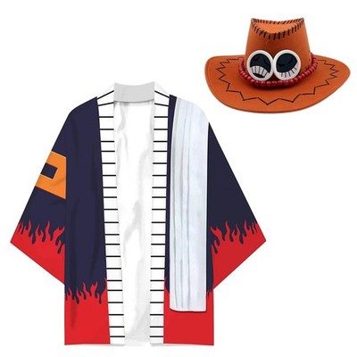 Anime One Piece Portgas D Ace Cosplay Costume Men Coat Party Top Kimonos+Hat Cap