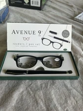 Avenue 9 Reading Glasses And Pen Set +1.5 Black With Chain Necklace Grandma Core
