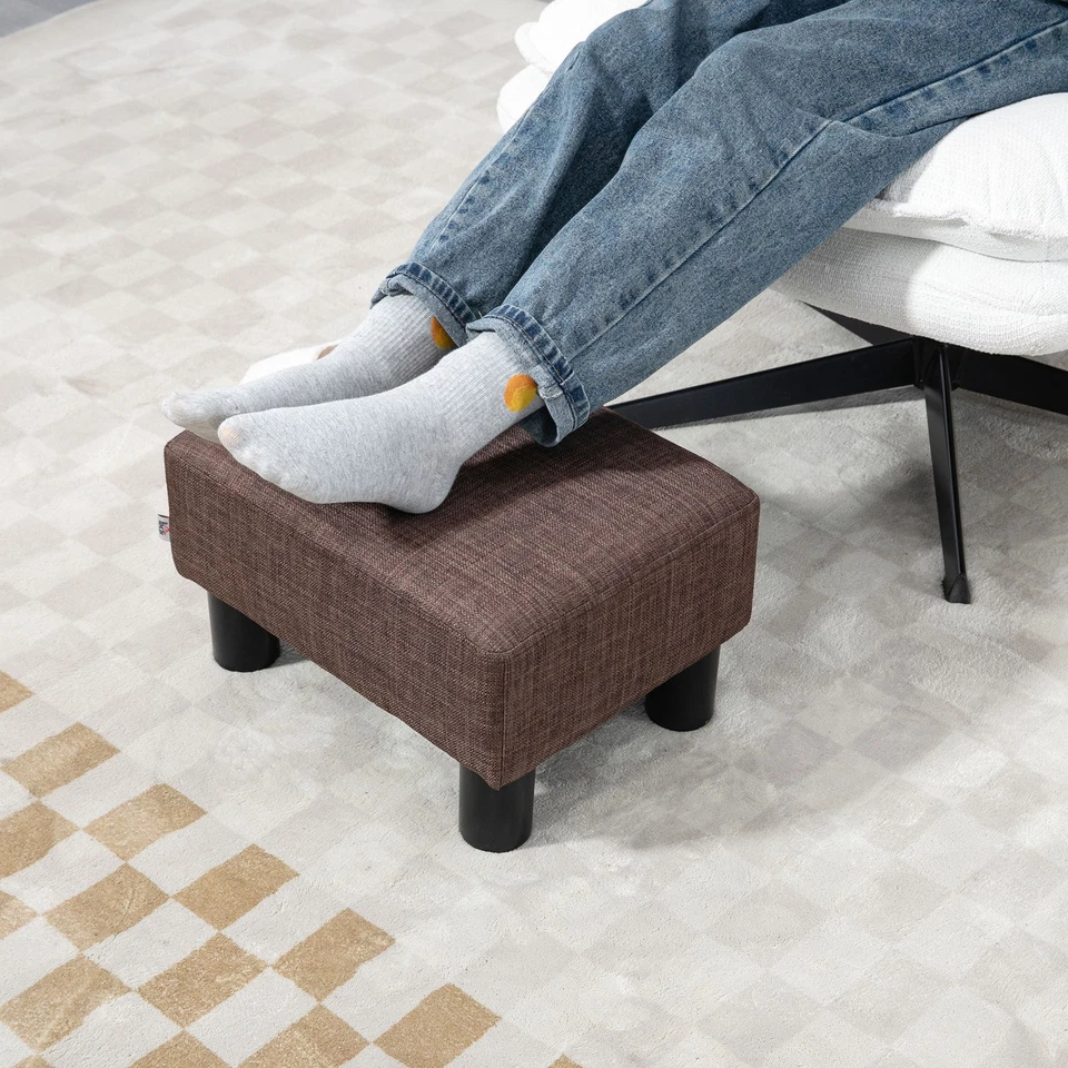 HOMCOM Chic Linen Fabric Footstool Ottoman Cube with 4 Plastic Legs Brown - Image 4 of 4