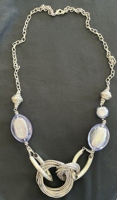 Premier Designs Long Silver Tone Necklace Purple Foil Glass Beads 32  