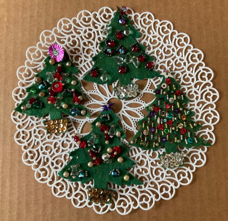 4 Vintage handmade Beaded Sequins Christmas Trees patches appliques