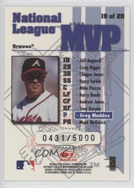 1998 Leaf Rookies & Stars MVP Pennant Edition /500 Greg Maddux #19 HOF - Image 2 of 2