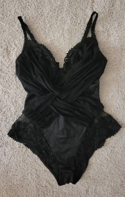 Vtg LA PERLA Underwire Lightly Padded Lace Ruched Mesh Bodysuit Black US36 L 