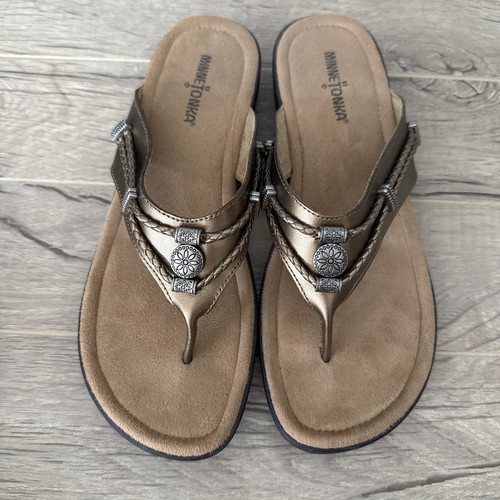 Sandali infradito MINNETONKA taglia 10 Silverthorne pelle metallizzata bronzo 700001 - Foto 7 di 13
