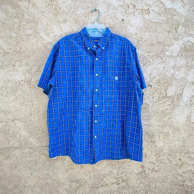 Chaps Easy Care Men Short Sleeve Plaid Blue Shirt XL/TG Button Down Short Sleeve