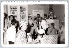 Vtg B&W Snapshot Family Party Drinks Hats Dining Room Gathering Group 1940s