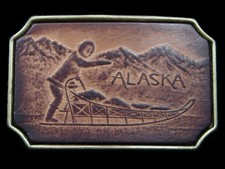 RK11136 NOS VINTAGE 1970s  ALASKA  STATE COMMEMORATIVE LEATHER BELT BUCKLE