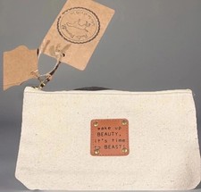 Mud Pie Wake Up Beauty, It’s Time To Beast Neutral Canvas Makeup Pouch Bag NWT