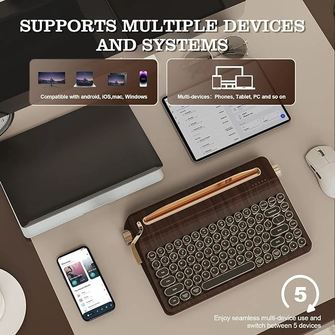 QL75 Wireless Typewriter Style Hot Swap Retro Mechanical Keyboard BT / 2.4gz - Image 2 of 4