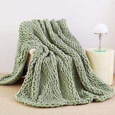 Chunky Knit Blanket Throw, 100 Hand Knit Chenille Throw 40" 50" Sage Green