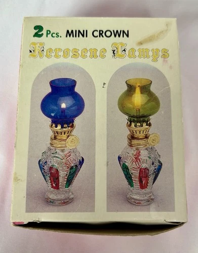 Vintage 2 Mini Crown Tiffany Style Kerosene Oil Lamps 4.5" New With Box