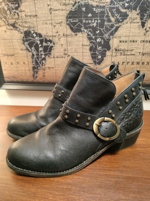 Hälsa Melania Black Leather Studded Ankle Booties Buckle Comfort Boots...