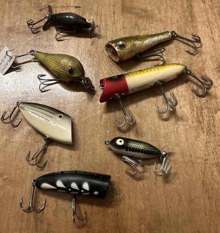 Vintage Lot Of Antique Fishing Lures Heddon And Misc 3 wood 4 plastic 