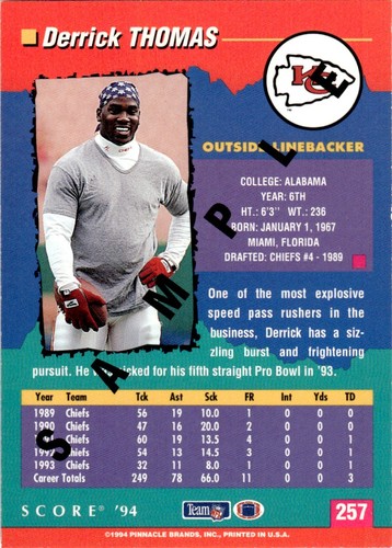 1994 Score NFL Football Sample Card Derrick Thomas Kansas City Chiefs #257 - Picture 2 of 2
