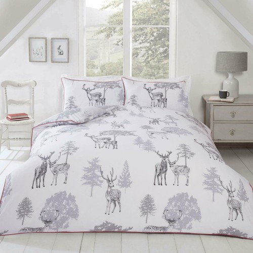 Set Copripiumino Doppio Sherwood Stag Grigio/Bianco Animali Del Bosco Alberi - Foto 4 di 5