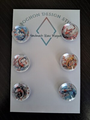 Koi Fish Glass Cabochon Magnets, HANDMADE Home Decor, Gift Idea, Sakura, Asian