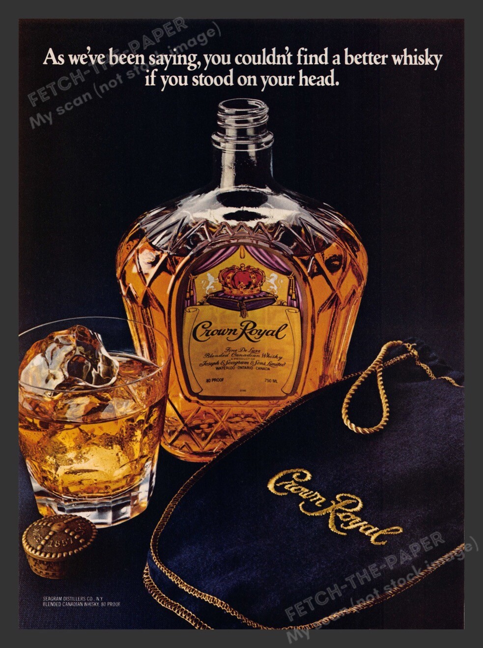 Crown Royal Whisky Bottle Glass & Bag 1980s Print Advertisement Ad 1983-image