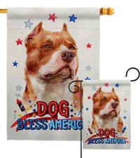 Pitbull Terrier Fawn & White Dog Bless America Patriotic Flag