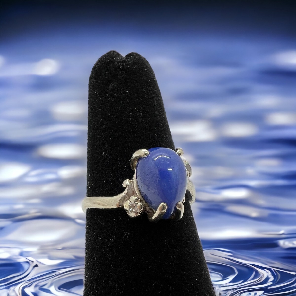 白猫屋 14K Solid White Gold Blue Star Sapphire/Cat Eye & Diamond Ring sz