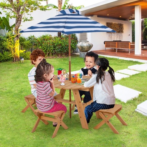 2 x 1 Kids Garden Wooden Picnic Table Set w/ 4 Stool Adjustable Umbrella Age 3+ - Picture 2 of 10