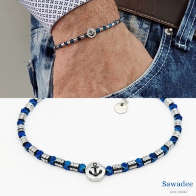 Herren Anker Armband Edelstahl mit blauen Nuggets