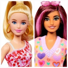 (2) Barbie Fashionistas Doll #205 Blonde Ponytail Red Floral+ #207 Sweater dress