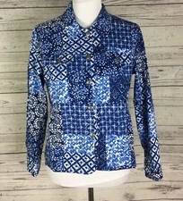The Tog Shop Women Blue White Floral Patchwork Button Front Shirt Jacket Size PM